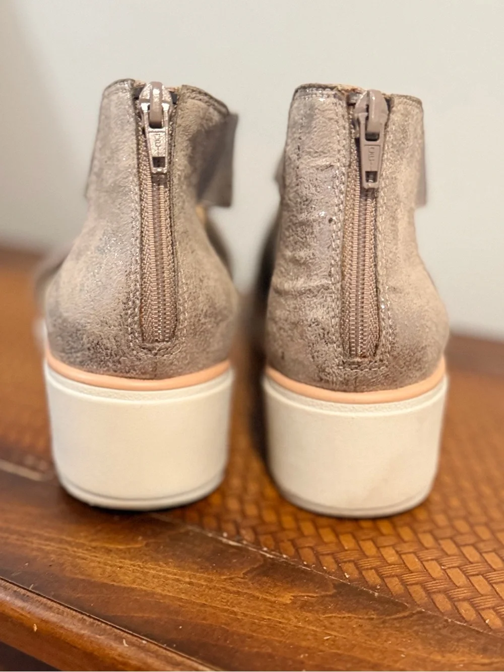 Clarks Shimmery Taupe Cross-Strap Wedge Sandals